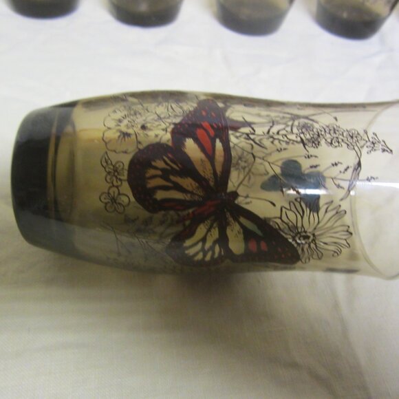 RETRO SET OF 6 TUMBLERS, SMOKEY GLASS W/BUTTERFLY DESIGN - Picture 6 of 9